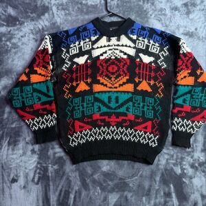 Vintage Blot Knit Geometric Long Sleeve Multi Color Pullover Sweater Size Large